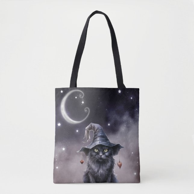 Bolsa Tote Gato Preto de Halloween Vestindo um Chapéu de Brux (Frente)