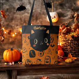 Bolsa Tote Gato Preto do Halloween Personalizado