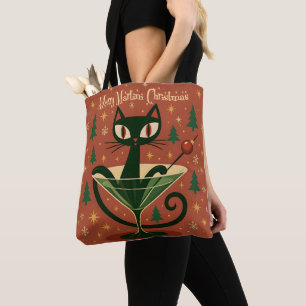 Bolsa Tote Gato Preto do Meio do Século Feliz Martini Natal