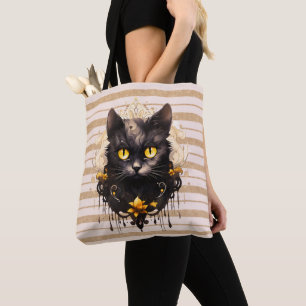 Bolsa Tote Gato Preto Dourado Listrado de Halloween Real