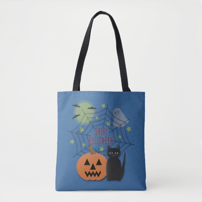 Bolsa Tote Gato Preto e Abóbora Não Assustam Halloween (Frente)