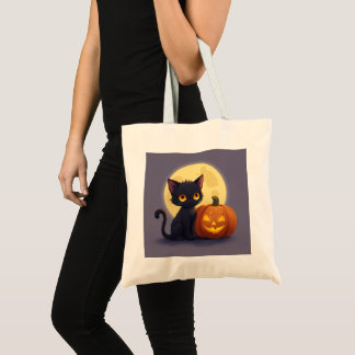 Bolsa Tote Gato preto e branco com abóbora esculpida brilhant