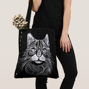 Bolsa Tote Gato preto e branco desenhado manualmente elegante