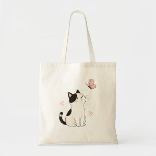 Bolsa Tote Gato Preto e Branco Fofo com Borboleta Rosa