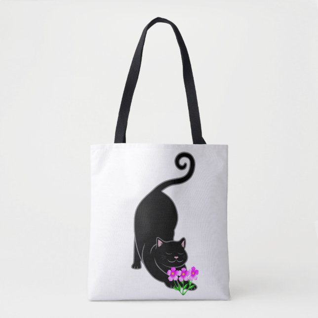 Bolsa Tote Gato preto e flores cor-de-rosa (Frente)