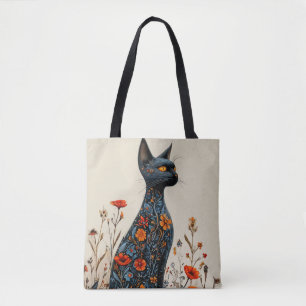 Bolsa Tote Gato Preto Elegante Com Flores Estético