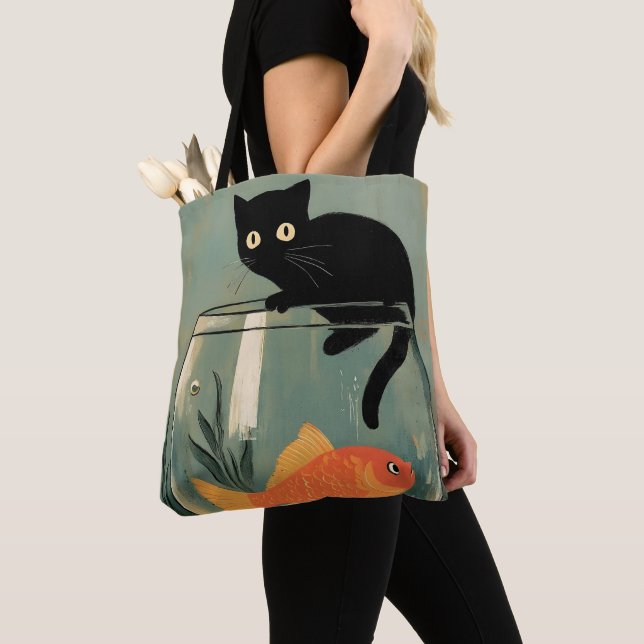 Bolsa Tote Gato preto engraçado com peixe (Close Up)