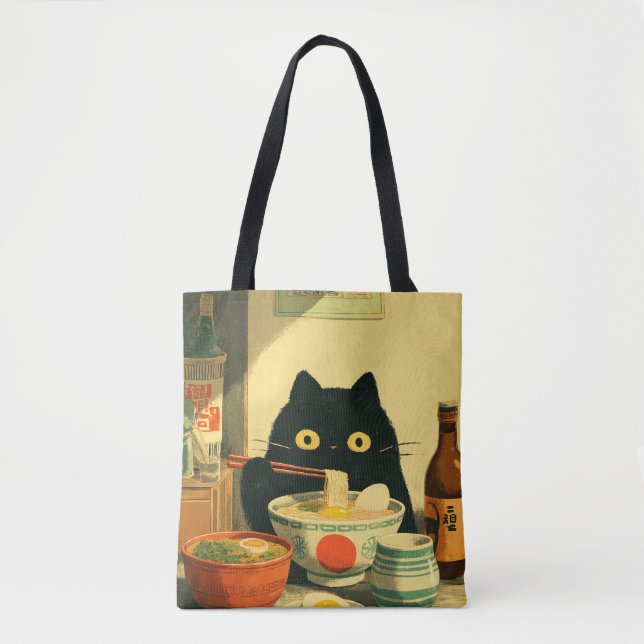 Bolsa Tote Gato Preto Engraçado Comendo Ramen (Frente)