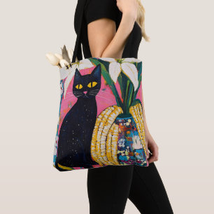 Bolsa Tote Gato Preto Engraçado e Vaso de Flores