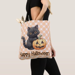 Bolsa Tote Gato Preto Fofo & Abóbora de Halloween Feliz Hallo