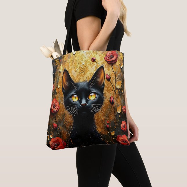 Bolsa Tote Gato Preto Fofo Com Rosas Vermelhas (Close Up)