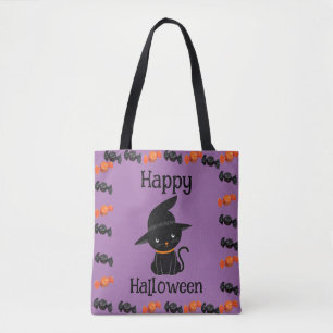 Bolsa Tote Gato Preto Fofo de Chapéu de Bruxa Feliz Halloween