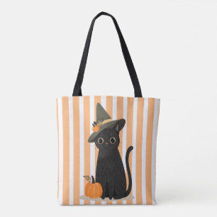 Bolsa Tote Gato Preto Fofo de Halloween com Chapéu de Bruxa e