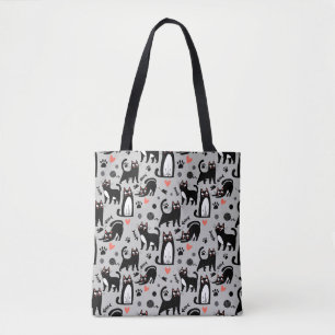 Bolsa Tote Gato Preto Fofo Padrão Sem Costura Em Cinza Claro