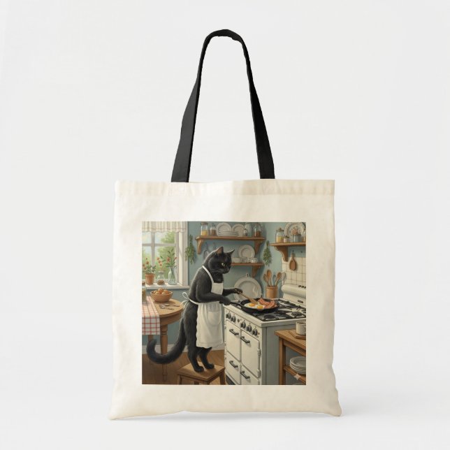 Bolsa Tote Gato Preto Fritando Ovos e Bacon (Frente)