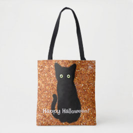 Bolsa Tote Gato preto, gatinho fofo, brilho laranja espumante