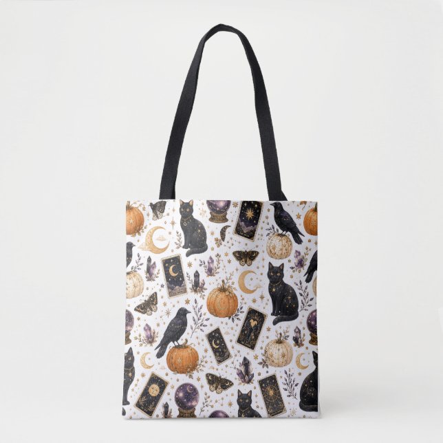 Bolsa Tote Gato Preto Místico Halloween Tarot Celestial  (Frente)
