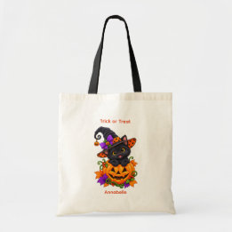 Bolsa Tote Gato Preto no Abóbora de Halloween Personalizado