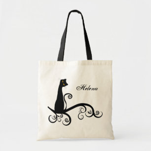 Bolsa Tote Gato preto no ramo de Swirly personalizado