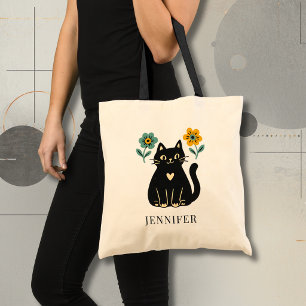 Bolsa Tote Gato Preto Personalizado com Flores de Halloween 