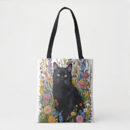 Bolsa Tote Gato preto pintado à mão e Arte de Bordados Florai