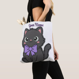 Bolsa Tote Gato Preto Sentado Laço Roxo Fofo Kawaii Personali