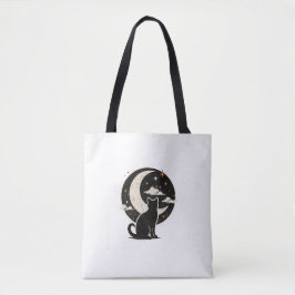 Bolsa Tote Gato Preto Vintage Sob Lua Crescente | Minimalista