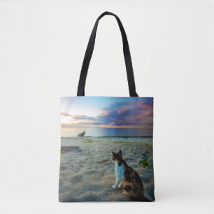 Bolsa Tote Gato que senta-se em uma praia