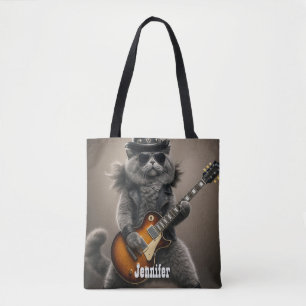 Bolsa Tote Gato Rockstar Tocando Guitarra Elétrica em Couro  