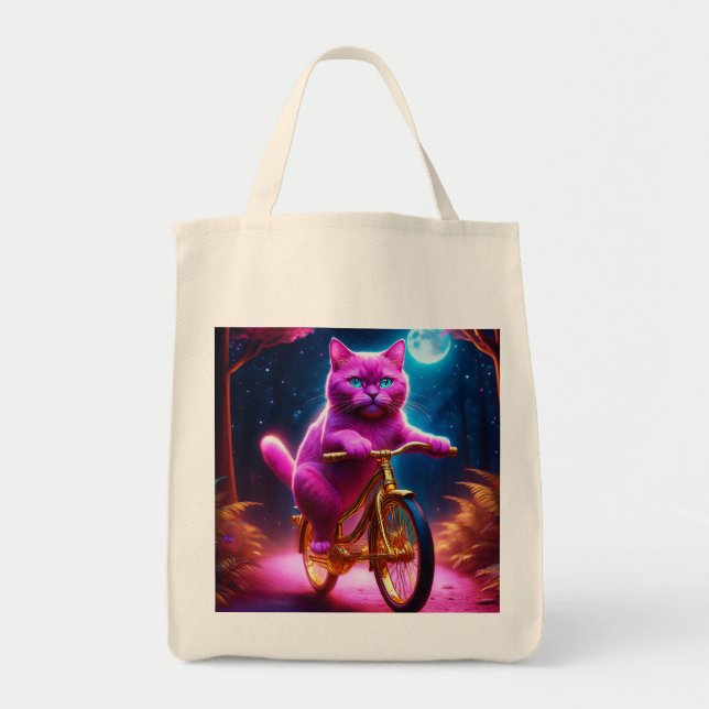 Bolsa Tote Gato Rosa Andando Na Bicicleta Do Ouro (Frente)