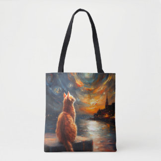 Bolsa Tote Gato Ruivo Contemplativo | Céu Noturno Estrelado