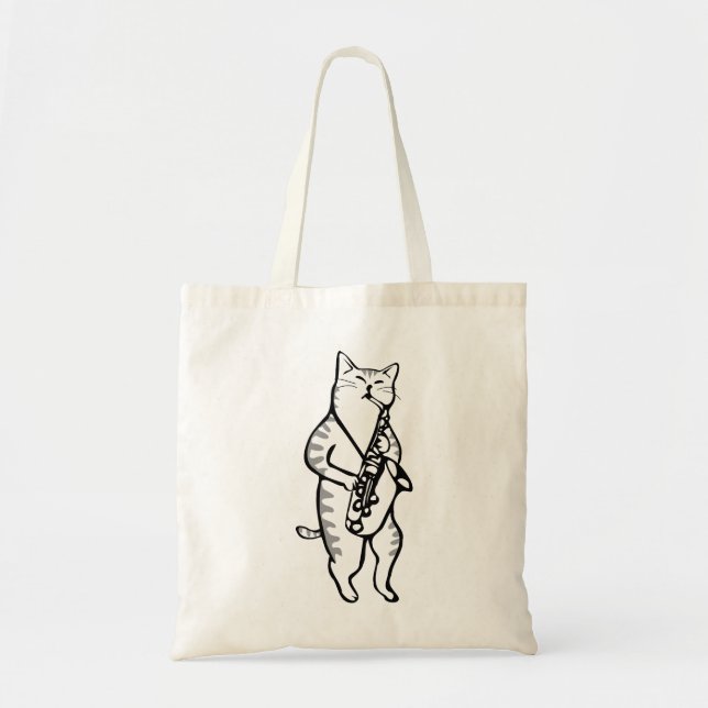 Bolsa Tote Gato Saxofone Músico Jazz Rock Engraçado (Frente)