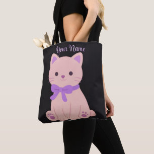 Bolsa Tote Gato Sentado Laço Roxo Fofo Kawaii Personalizado P