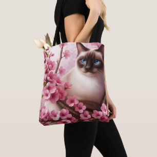 Bolsa Tote Gato siamês, cereja japonesa, flor florada rosa