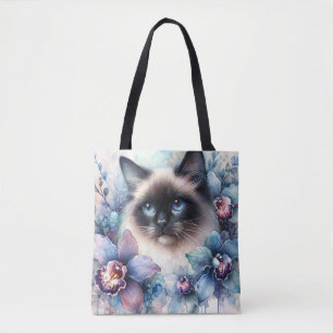 Bolsa Tote Gato Siames e Flores de Orquídea Aquarela