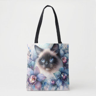Bolsa Tote Gato Siames e Flores de Orquídea Aquarela