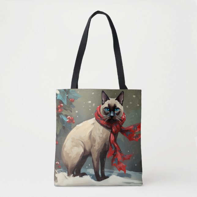 Bolsa Tote Gato Siamês no Natal da Neve (Frente)