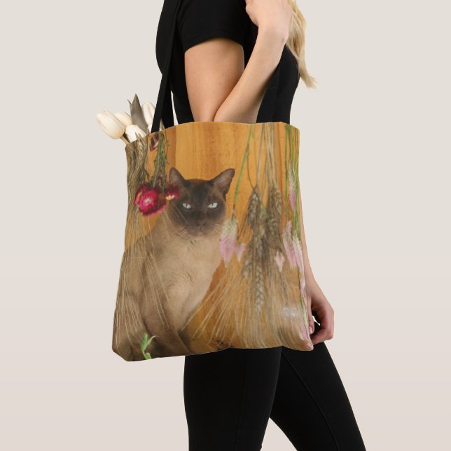 Bolsa Tote Gato Siamês Posicionado Com Flores Animais (Close Up)
