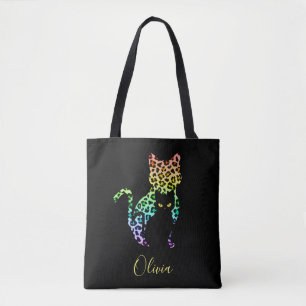 Bolsa Tote Gato Silhueta Estampa Leopardo Arco-íris & Gatinho