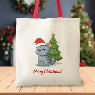 Bolsa Tote Gato Tabby Cinza Mal-Humorado Chapéu Vermelho Árvo