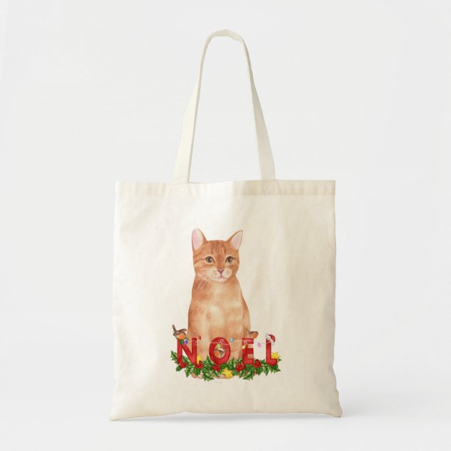 Bolsa Tote Gato Tabby de Natal Aquarela  (Frente)