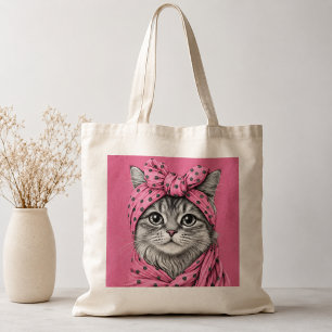 Bolsa Tote Gato Tabby Fofo com Lenço de Pescoço de Bolinhas R