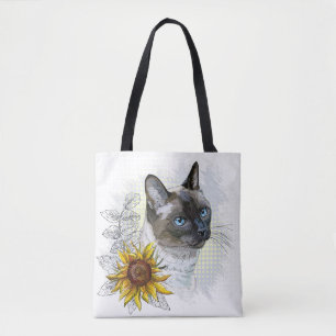 Bolsa Tote Gato tailandês engraçado desenhando mão com flores