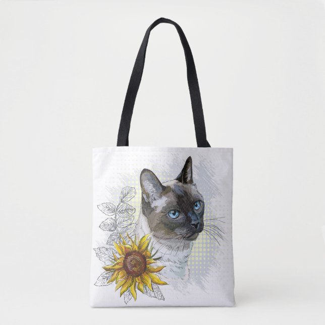 Bolsa Tote Gato tailandês engraçado desenhando mão com flores (Frente)