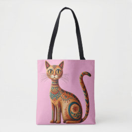 Bolsa Tote Gato Tribal Boho Fofo Arte Folclórica com Flores
