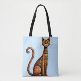 Bolsa Tote Gato Tribal Boho Fofo Arte Folclórica com Flores