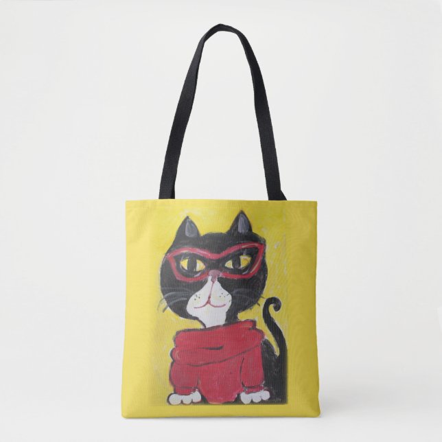 Bolsa Tote Gato Turtleneck de Arte do hipster (Frente)