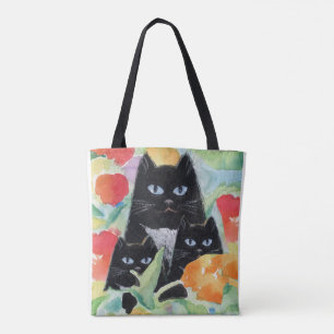 Bolsa Tote Gato Tuxedo e Gatinhos Pretos em Poppies Aquecidos