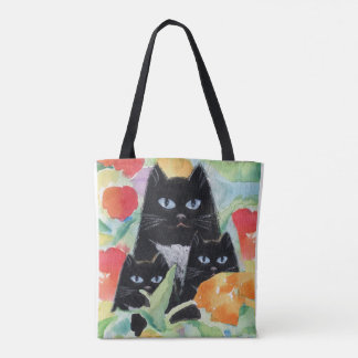 Bolsa Tote Gato Tuxedo e Gatinhos Pretos em Poppies Aquecidos