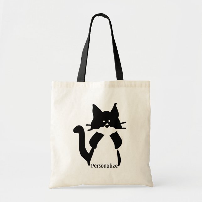 Bolsa Tote Gato Tuxedo Fofo Cobrindo a Boca Personalizado (Frente)